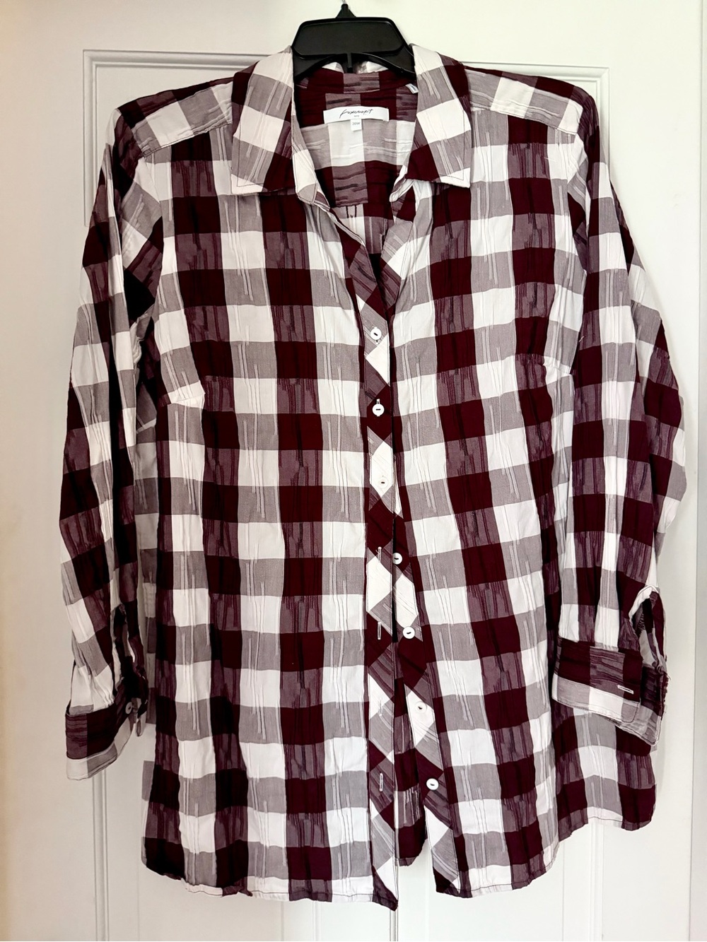 Women Burgundy and White Check Button-Up Shirt